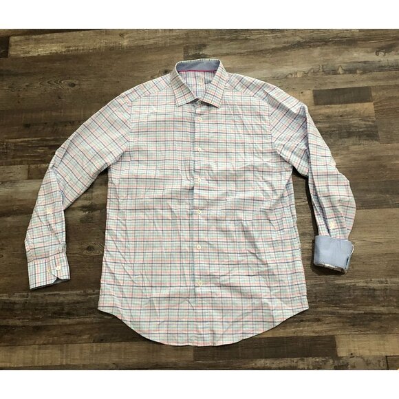 Bugatchi Uomo Mens 16.5 Blue Pink Long Sleeve Button Down Shirt Turn Cuffs - Picture 2 of 6
